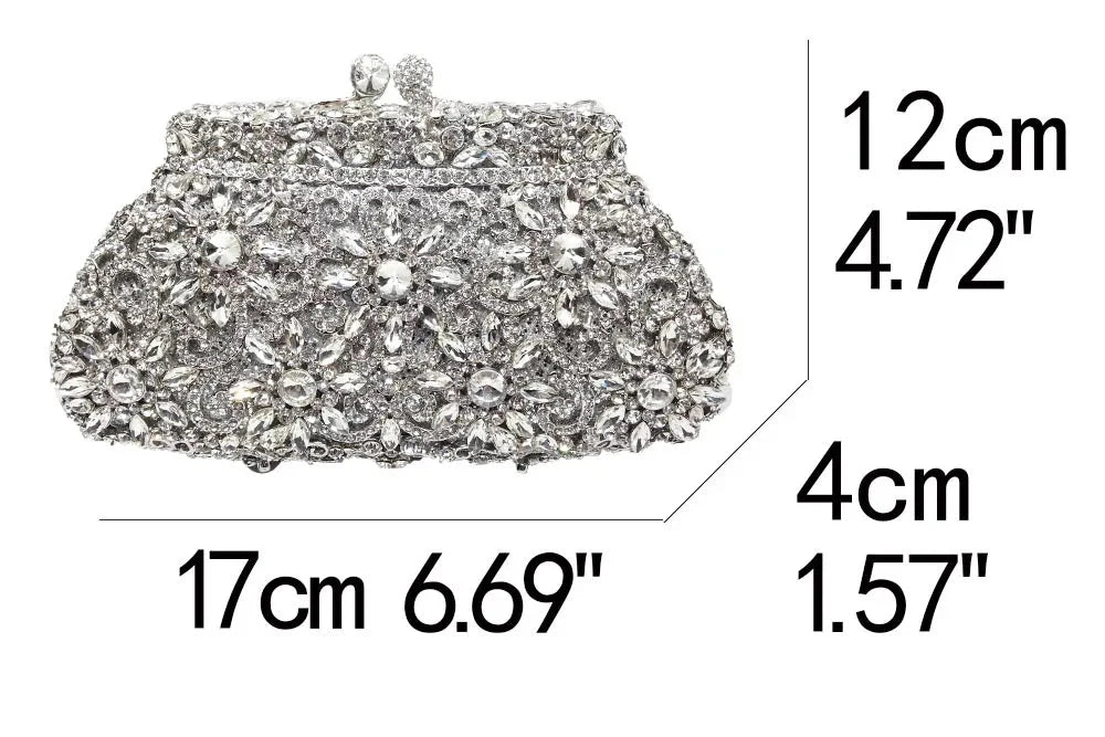 Flor coroa prata cristal embreagem para mulheres, bolsa de noite, saco de baile, embreagens nupciais, bolsa de casamento, boutique de fgg, em estoque