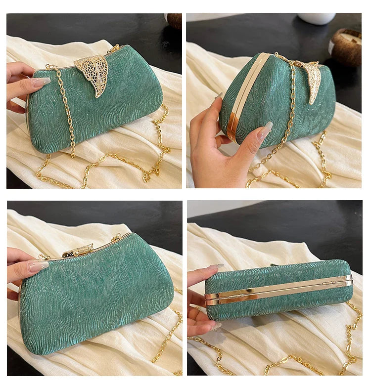Saco de banquete de fivela de folha elegante, Bolsa portátil com corrente versátil, Vestido Cruz Diagonal, Novo, 2024