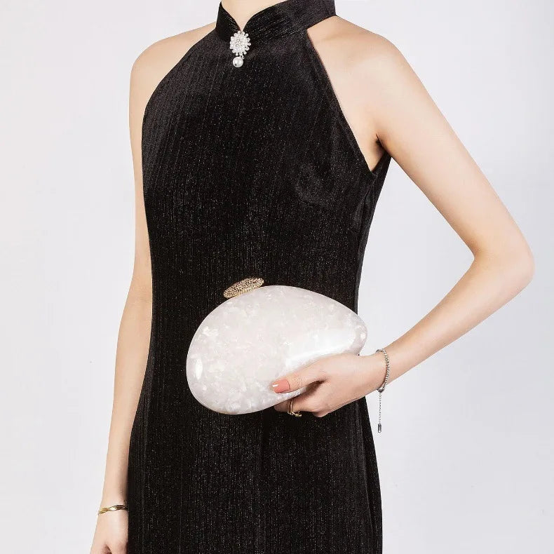 Oval artesanal pérola mármore metal fecho acrílico sacos de noite feminino mini embreagem praia verão senhora bolsas festa casamento
