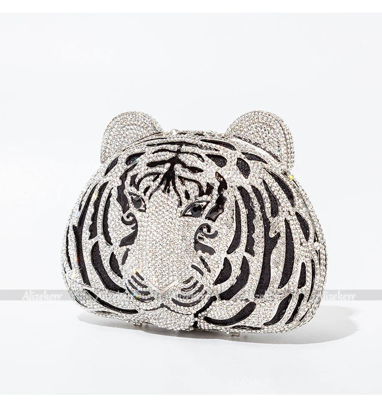 Três-d cabeça de tigre cristal noite sacos de embreagem para festa de casamento metal strass novidade bolsas e bolsas designer de luxo