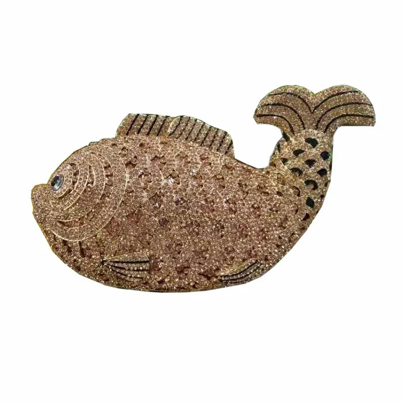 Bolsa de luxo para mulheres, forma de peixe, strass, metal diamante, metal, festa de casamento