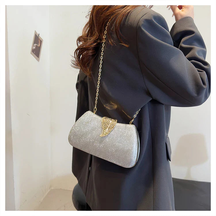 Saco de banquete de fivela de folha elegante, Bolsa portátil com corrente versátil, Vestido Cruz Diagonal, Novo, 2024