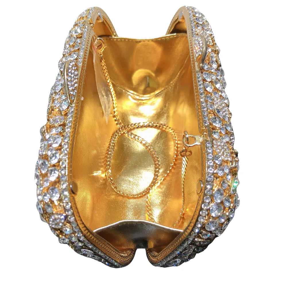 Fornecimento de fábrica glitter flor metal dourado elegante cristal bolsa embreagem strass festa casamento bolsa feminina bolsa de noite