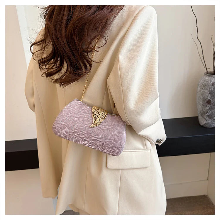 Saco de banquete de fivela de folha elegante, Bolsa portátil com corrente versátil, Vestido Cruz Diagonal, Novo, 2024