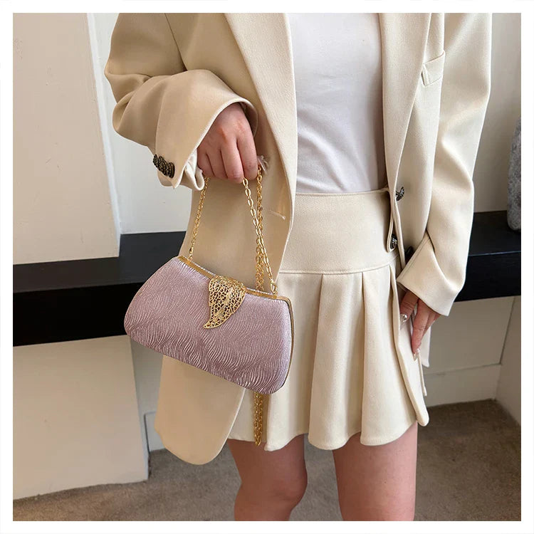 Saco de banquete de fivela de folha elegante, Bolsa portátil com corrente versátil, Vestido Cruz Diagonal, Novo, 2024