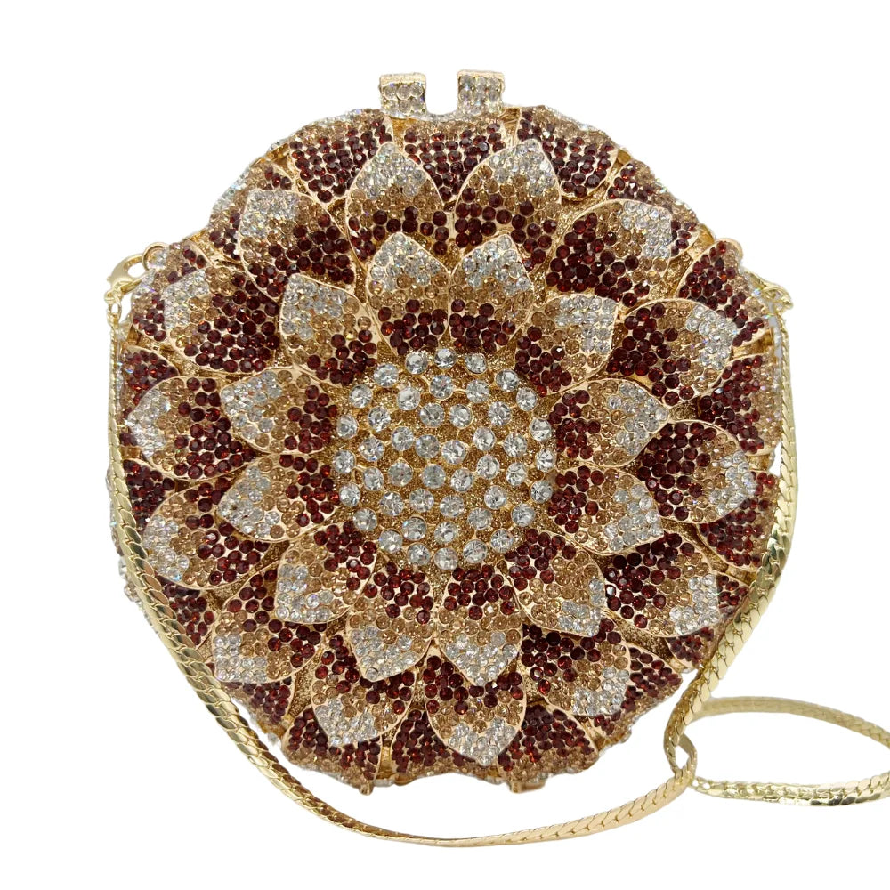 Bolsa de noite de casamento feminina de cristal brilhante em forma de girassol de luxo mais vendida.