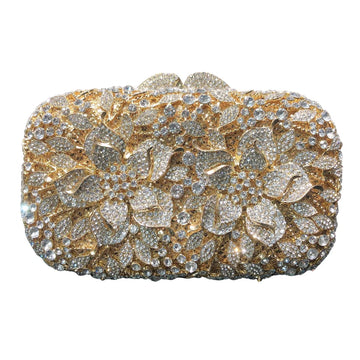 Fornecimento de fábrica glitter flor metal dourado elegante cristal bolsa embreagem strass festa casamento bolsa feminina bolsa de noite