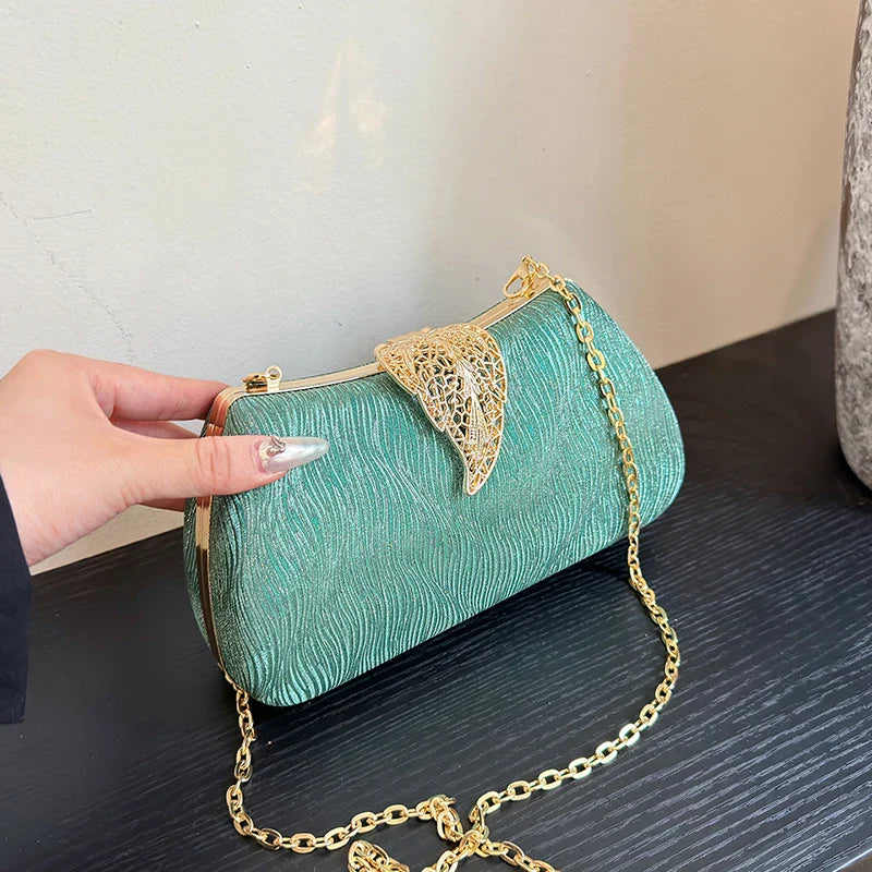 Saco de banquete de fivela de folha elegante, Bolsa portátil com corrente versátil, Vestido Cruz Diagonal, Novo, 2024