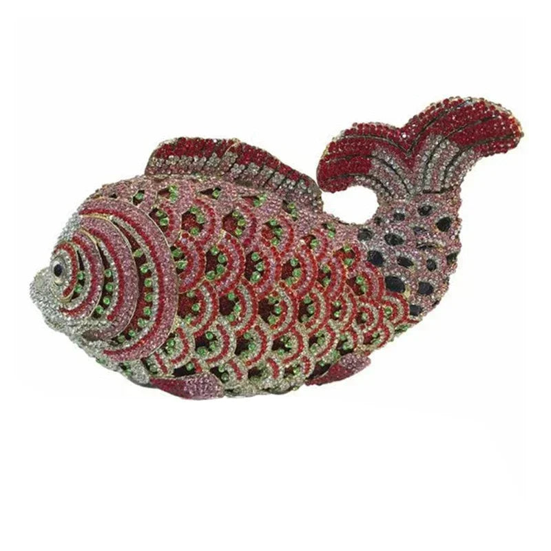 Bolsa de luxo para mulheres, forma de peixe, strass, metal diamante, metal, festa de casamento