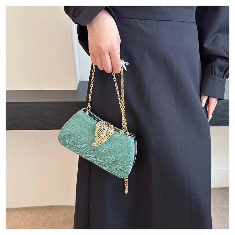 Saco de banquete de fivela de folha elegante, Bolsa portátil com corrente versátil, Vestido Cruz Diagonal, Novo, 2024