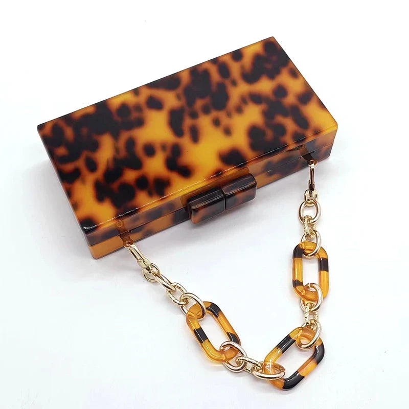 Marca de luxo bolsa embreagem do vintage âmbar leopardo impressão padrão acrílico saco elegante senhora festa casamento corrente sacos ombro carteiras