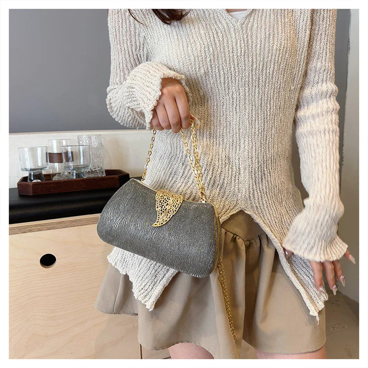 Saco de banquete de fivela de folha elegante, Bolsa portátil com corrente versátil, Vestido Cruz Diagonal, Novo, 2024