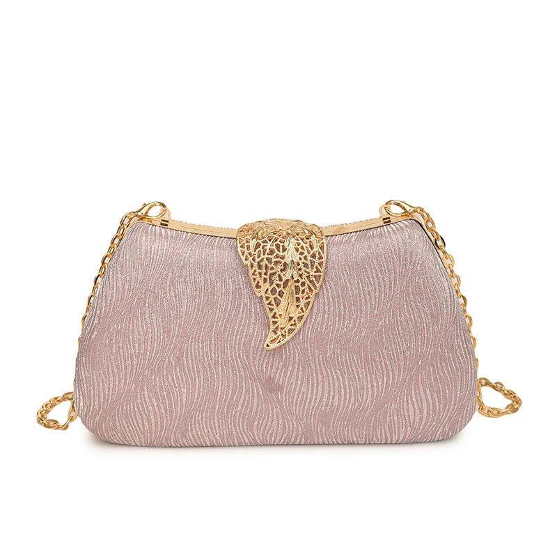 Saco de banquete de fivela de folha elegante, Bolsa portátil com corrente versátil, Vestido Cruz Diagonal, Novo, 2024