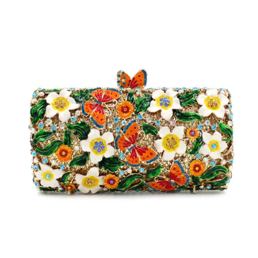 Bolsa de embreagem de cristal floral roxo para mulheres, bolsa borboleta azul para senhoras, bolsas de folhas verdes, embreagens de moda feminina