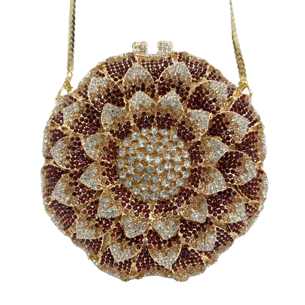 Bolsa de noite de casamento feminina de cristal brilhante em forma de girassol de luxo mais vendida.