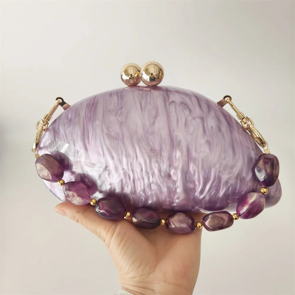 Oval roxo Shell bolsas acrílicas para mulheres, bolsas, ombro, bolsa crossbody com corrente, bolsa de embreagem, bolsas para festa de casamento