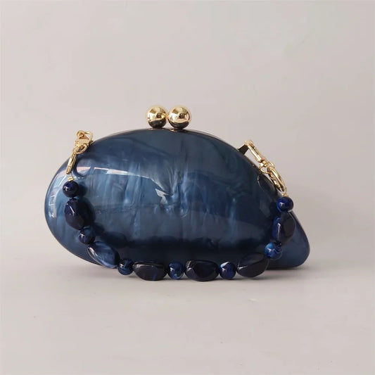 Pérola Azul Escuro Shell Acrílico Caixa Bolsa de Embreagem para Mulheres, Bolsa De Noite, Bolsa Crossbody, Cadeia De Ombro Bolsas, Festa De Casamento, Senhora
