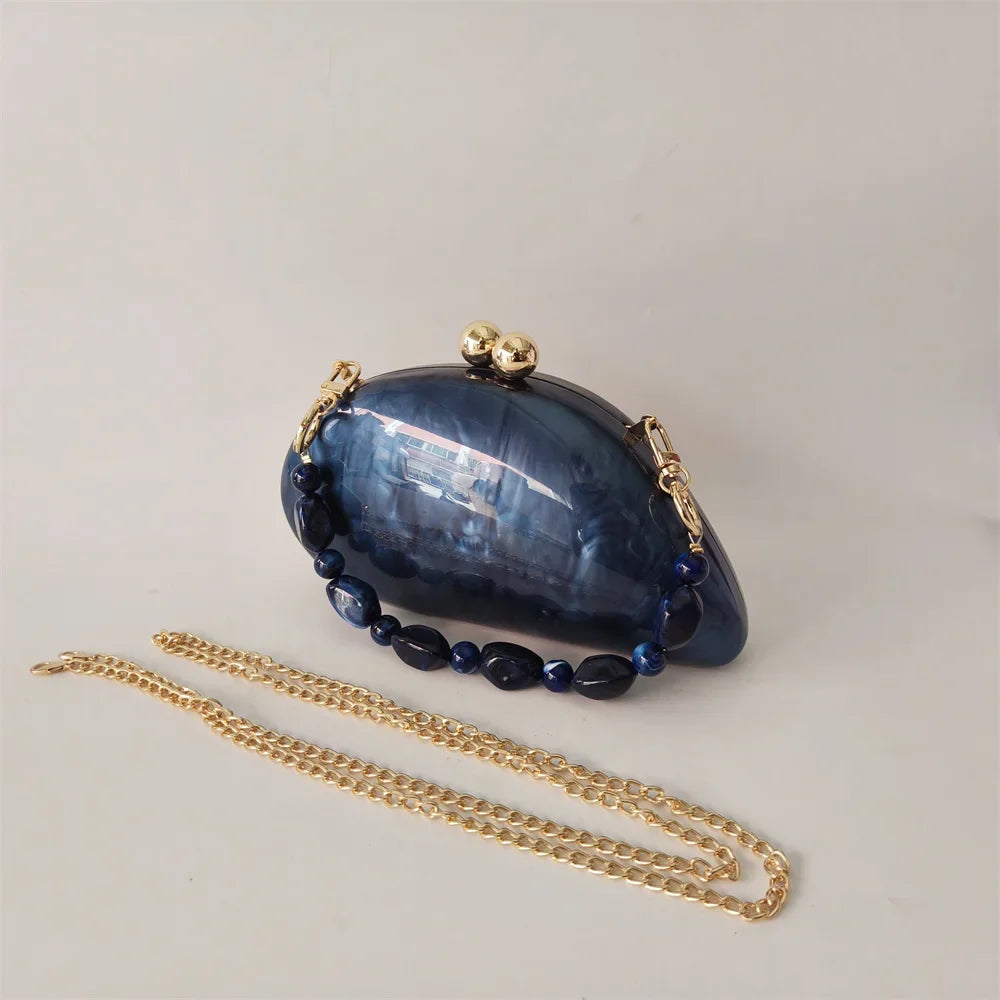 Pérola Azul Escuro Shell Acrílico Caixa Bolsa de Embreagem para Mulheres, Bolsa De Noite, Bolsa Crossbody, Cadeia De Ombro Bolsas, Festa De Casamento, Senhora