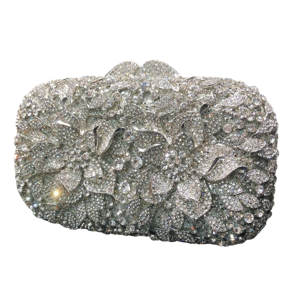 Fornecimento de fábrica glitter flor metal dourado elegante cristal bolsa embreagem strass festa casamento bolsa feminina bolsa de noite