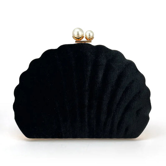 Bolsa de jantar de festa de veludo preto de concha premium Bolsa de embreagem com fecho de pérola Bolsa de casamento Bolsa crossbody Bolsa pequena feminina de veludo.
