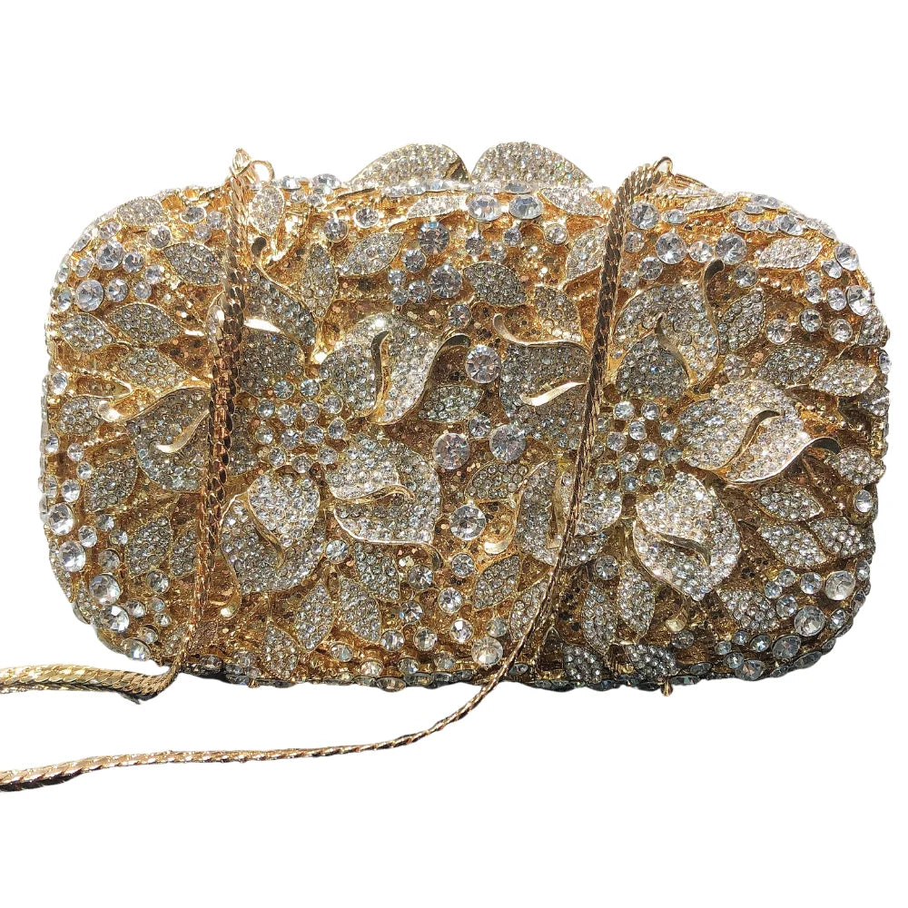 Fornecimento de fábrica glitter flor metal dourado elegante cristal bolsa embreagem strass festa casamento bolsa feminina bolsa de noite