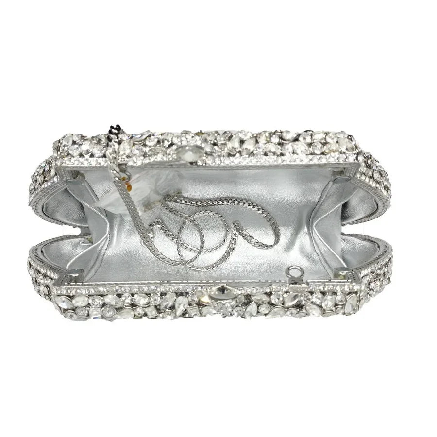 Flor coroa prata cristal embreagem para mulheres, bolsa de noite, saco de baile, embreagens nupciais, bolsa de casamento, boutique de fgg, em estoque