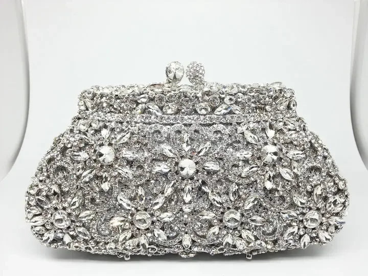 Flor coroa prata cristal embreagem para mulheres, bolsa de noite, saco de baile, embreagens nupciais, bolsa de casamento, boutique de fgg, em estoque