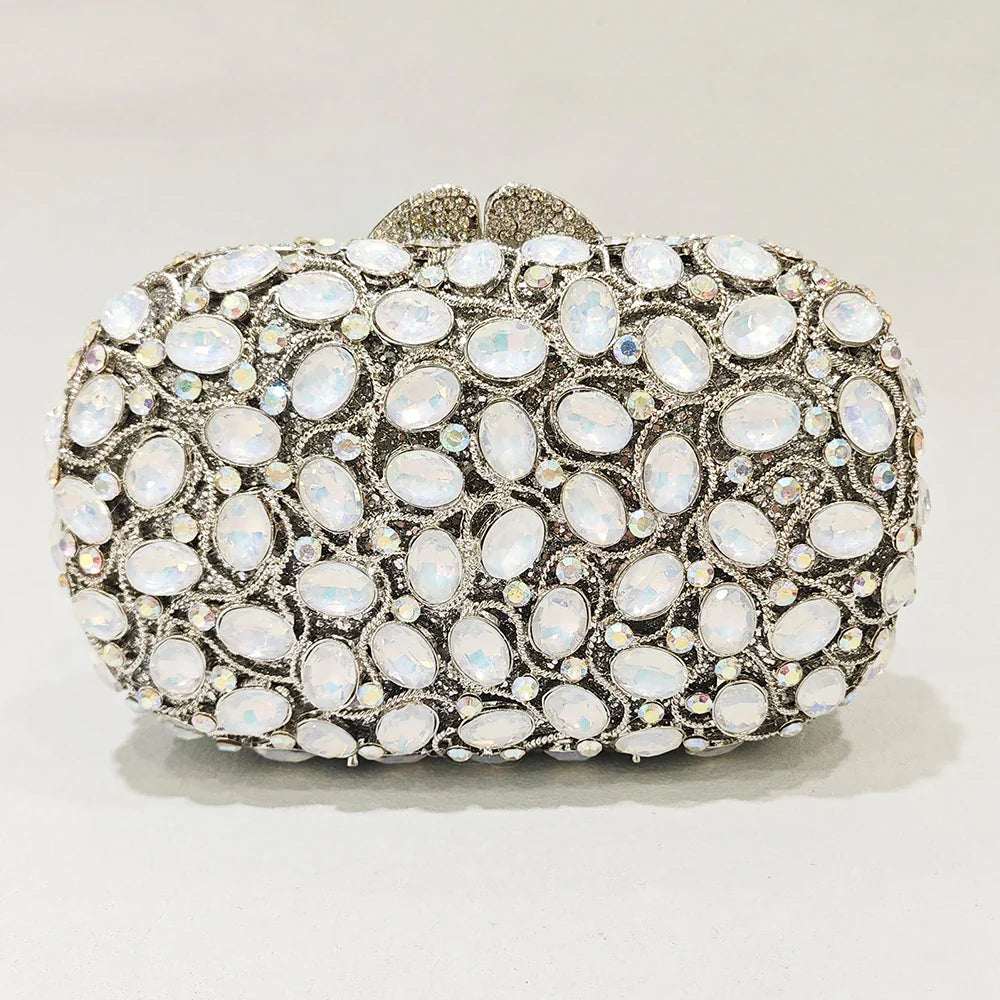 Embreagem de pedra clara branca e prateada para mulheres, bolsas de cristal, festa de casamento, bolsas de baile, embreagem nupcial de diamante