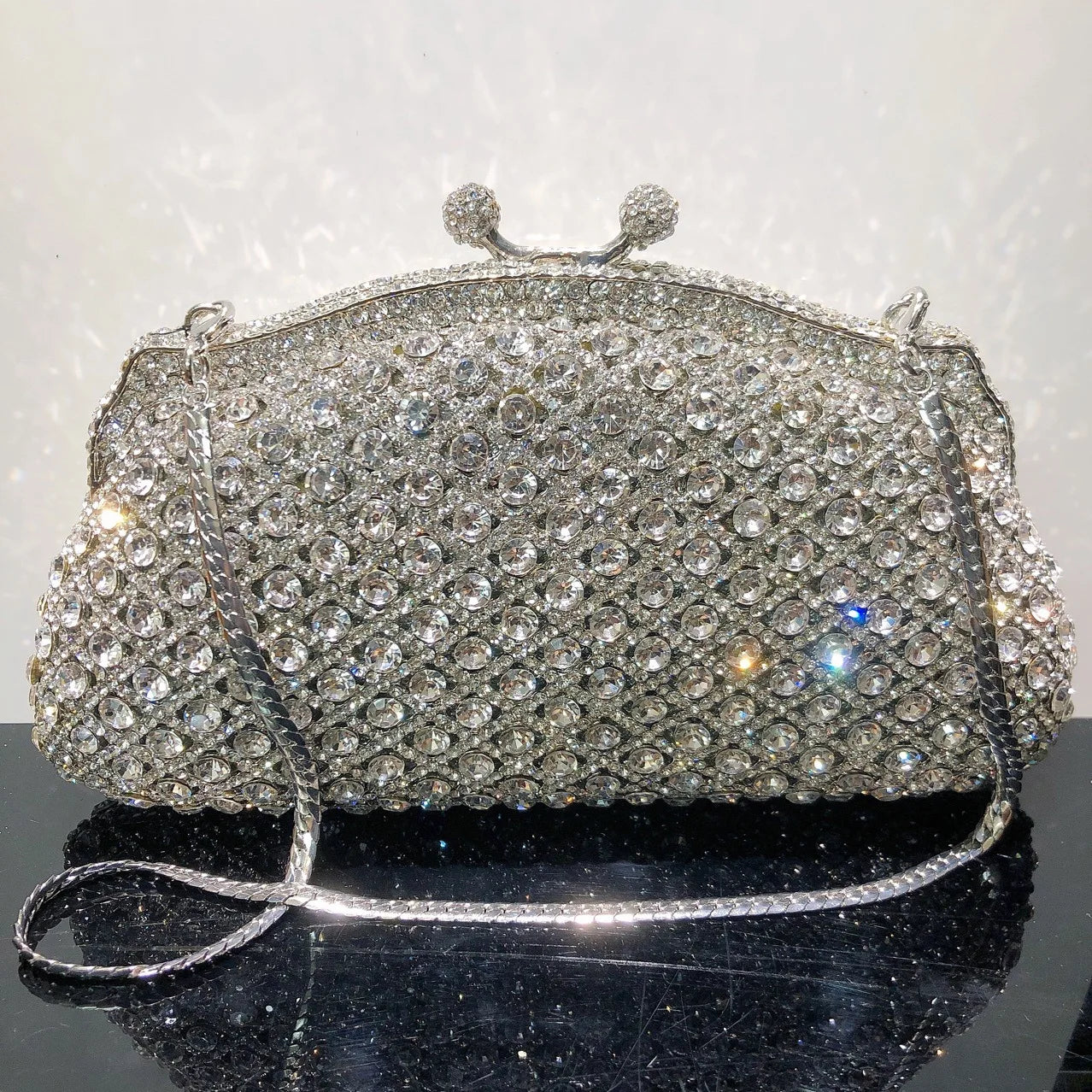 Embreagem formal de strass prateado para mulheres, bolsa elegante para banquete, festa de casamento, bolsa de cristal, bolsa nupcial luxuosa diamante