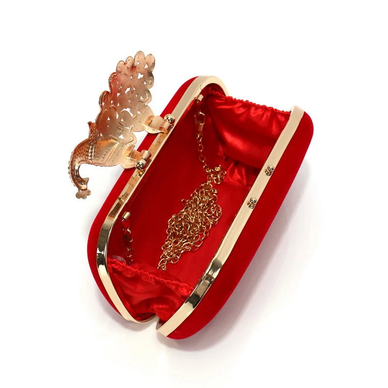 Retro preto saco de noite feminino elegante formal festa de casamento bolsas vintage veludo embreagem com pavão cristal vermelho bolsas