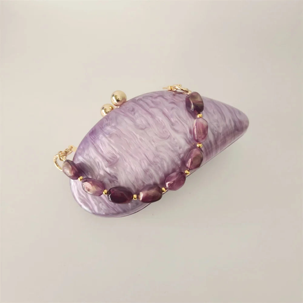 Oval roxo Shell bolsas acrílicas para mulheres, bolsas, ombro, bolsa crossbody com corrente, bolsa de embreagem, bolsas para festa de casamento