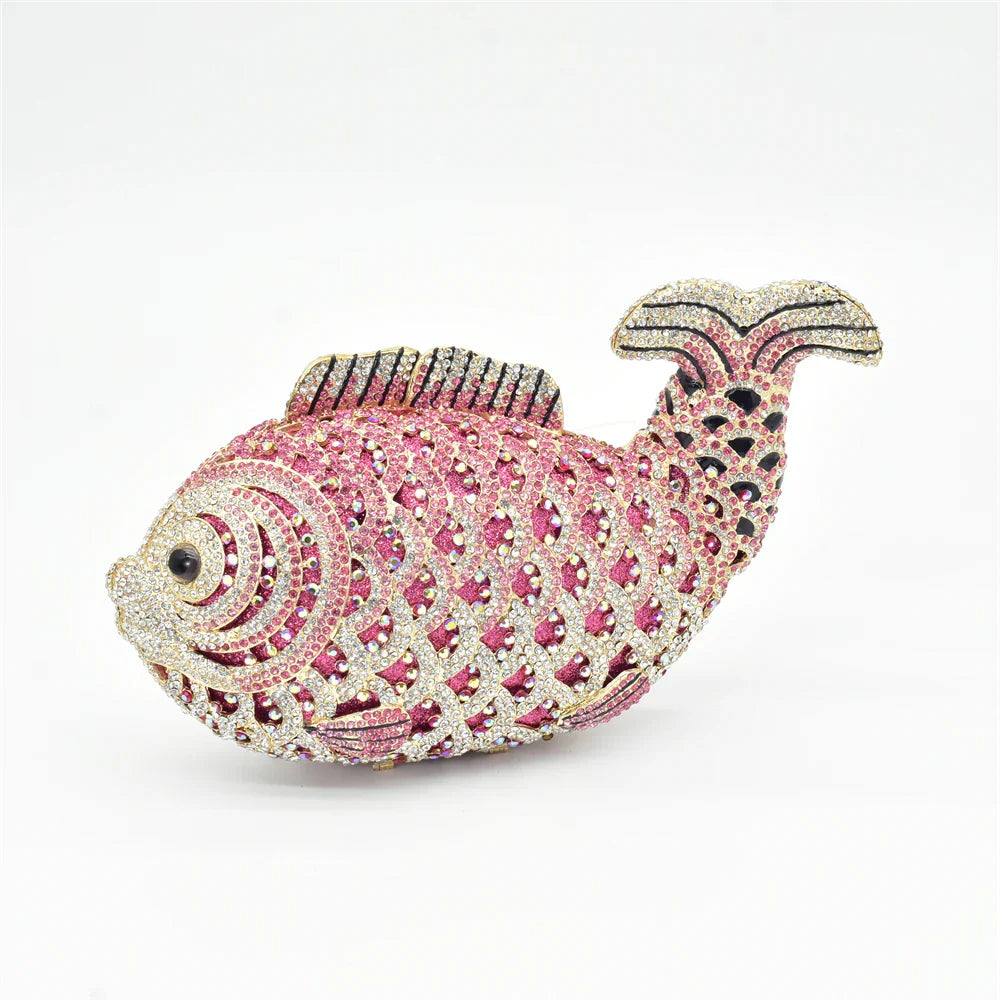 Bolsa de luxo para mulheres, forma de peixe, strass, metal diamante, metal, festa de casamento