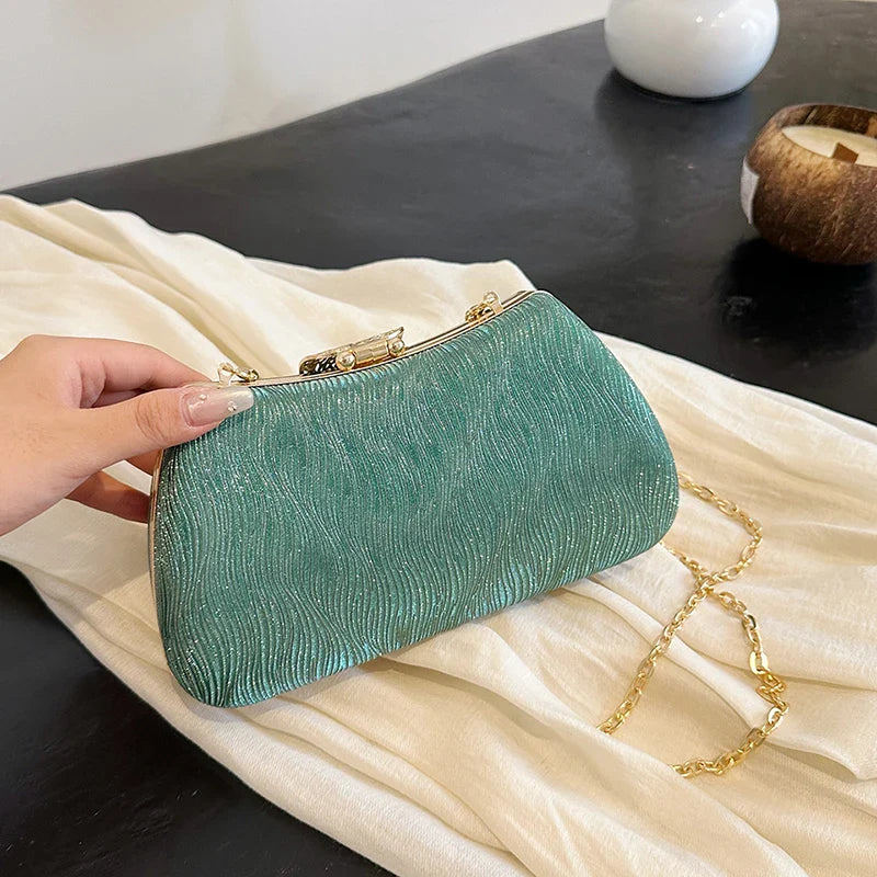 Saco de banquete de fivela de folha elegante, Bolsa portátil com corrente versátil, Vestido Cruz Diagonal, Novo, 2024