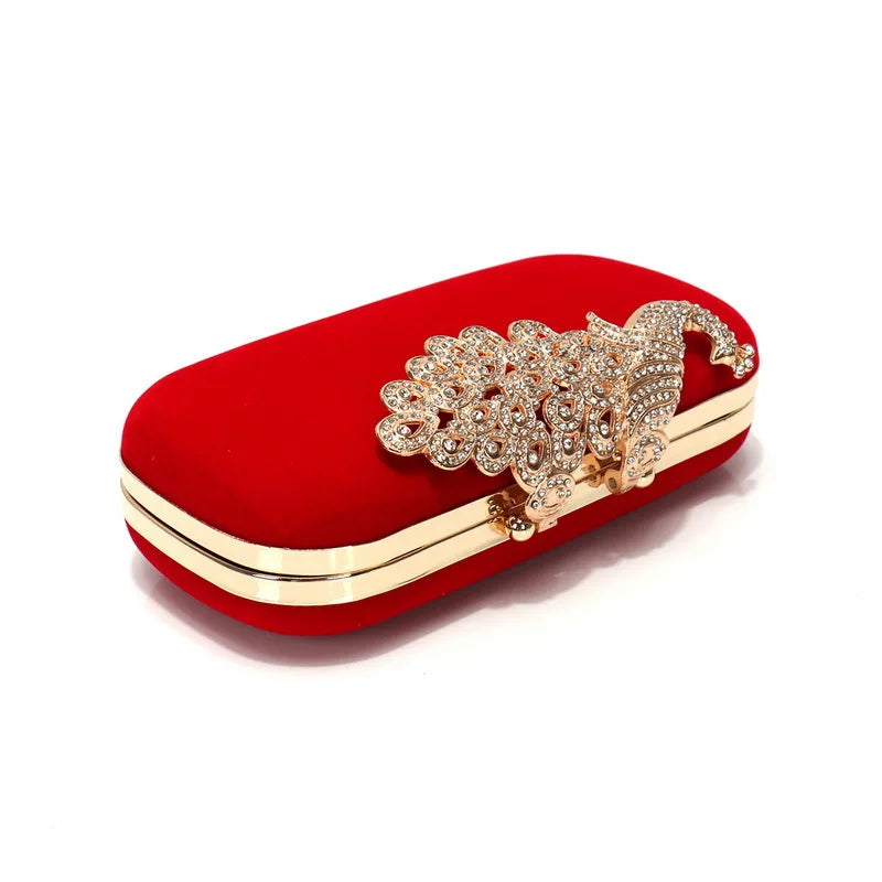 Retro preto saco de noite feminino elegante formal festa de casamento bolsas vintage veludo embreagem com pavão cristal vermelho bolsas