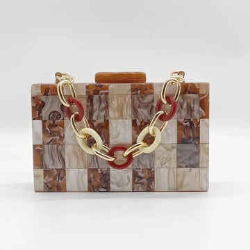 Designer corrente crossbody saco de festa de casamento feminino carteira bolsas luxo acrílico bolsa embreagem café xadrez retalhos sacos noite