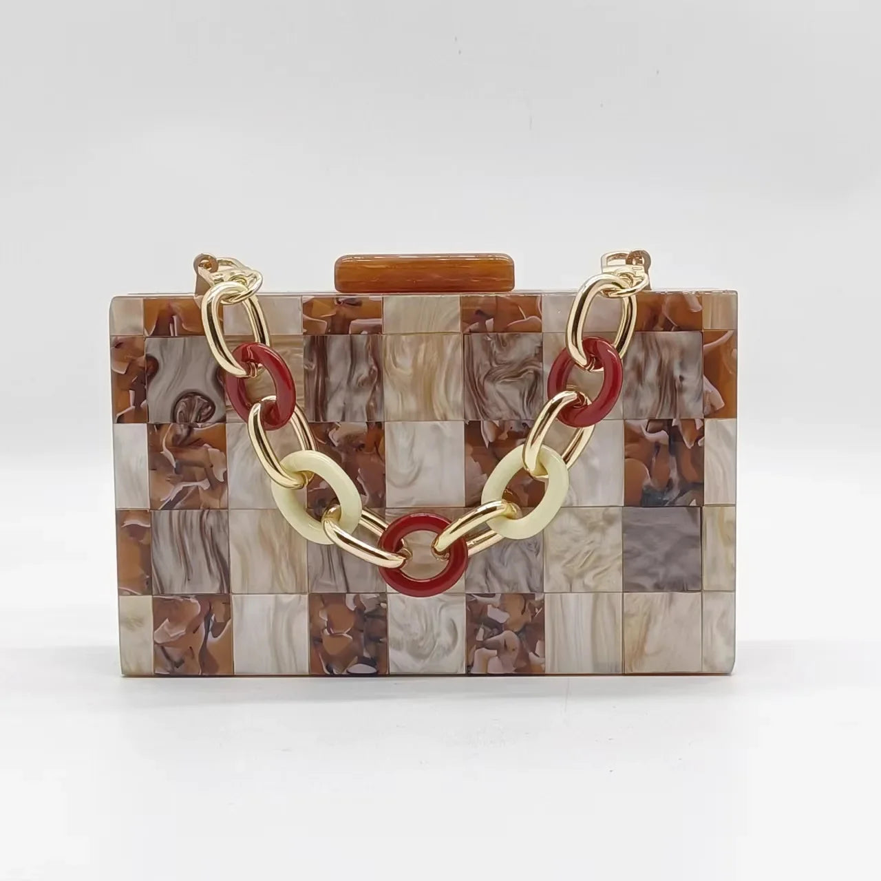 Designer corrente crossbody saco de festa de casamento feminino carteira bolsas luxo acrílico bolsa embreagem café xadrez retalhos sacos noite