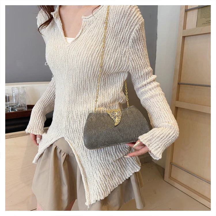 Saco de banquete de fivela de folha elegante, Bolsa portátil com corrente versátil, Vestido Cruz Diagonal, Novo, 2024