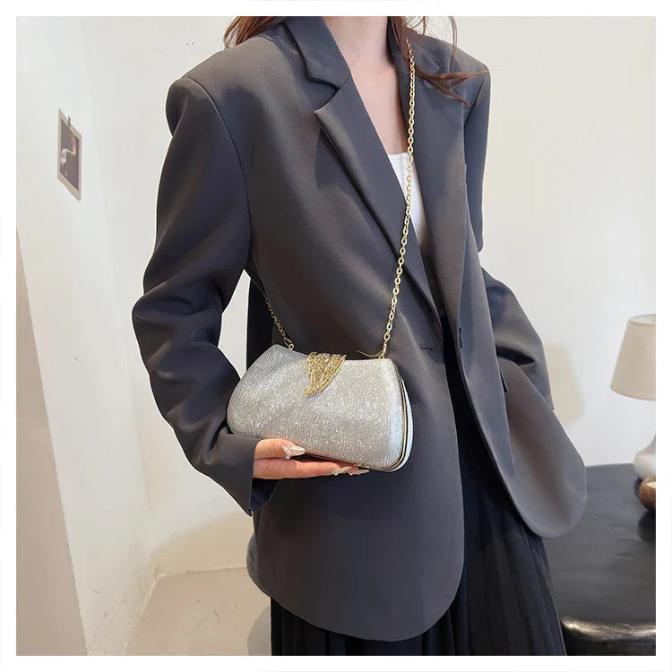Saco de banquete de fivela de folha elegante, Bolsa portátil com corrente versátil, Vestido Cruz Diagonal, Novo, 2024