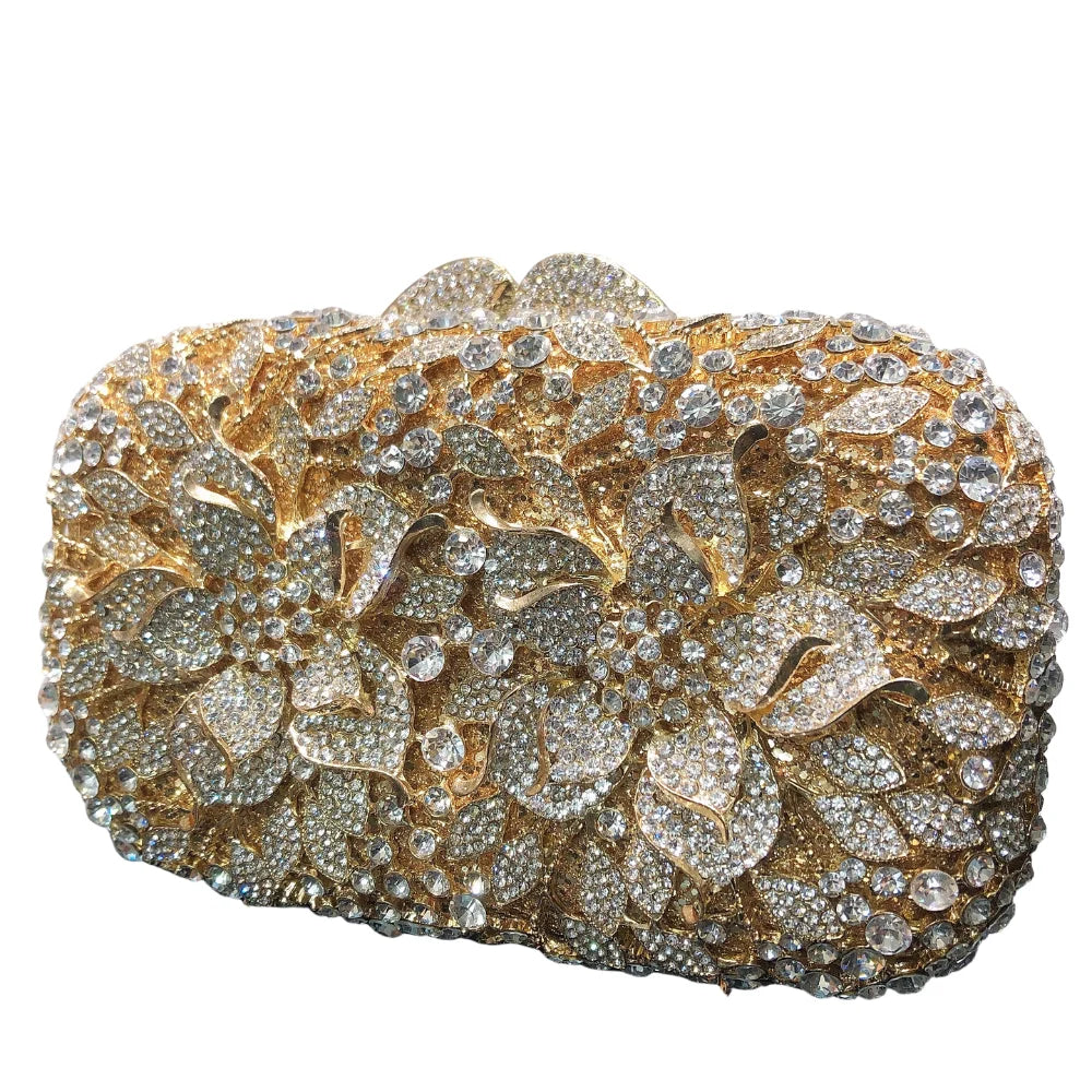 Fornecimento de fábrica glitter flor metal dourado elegante cristal bolsa embreagem strass festa casamento bolsa feminina bolsa de noite