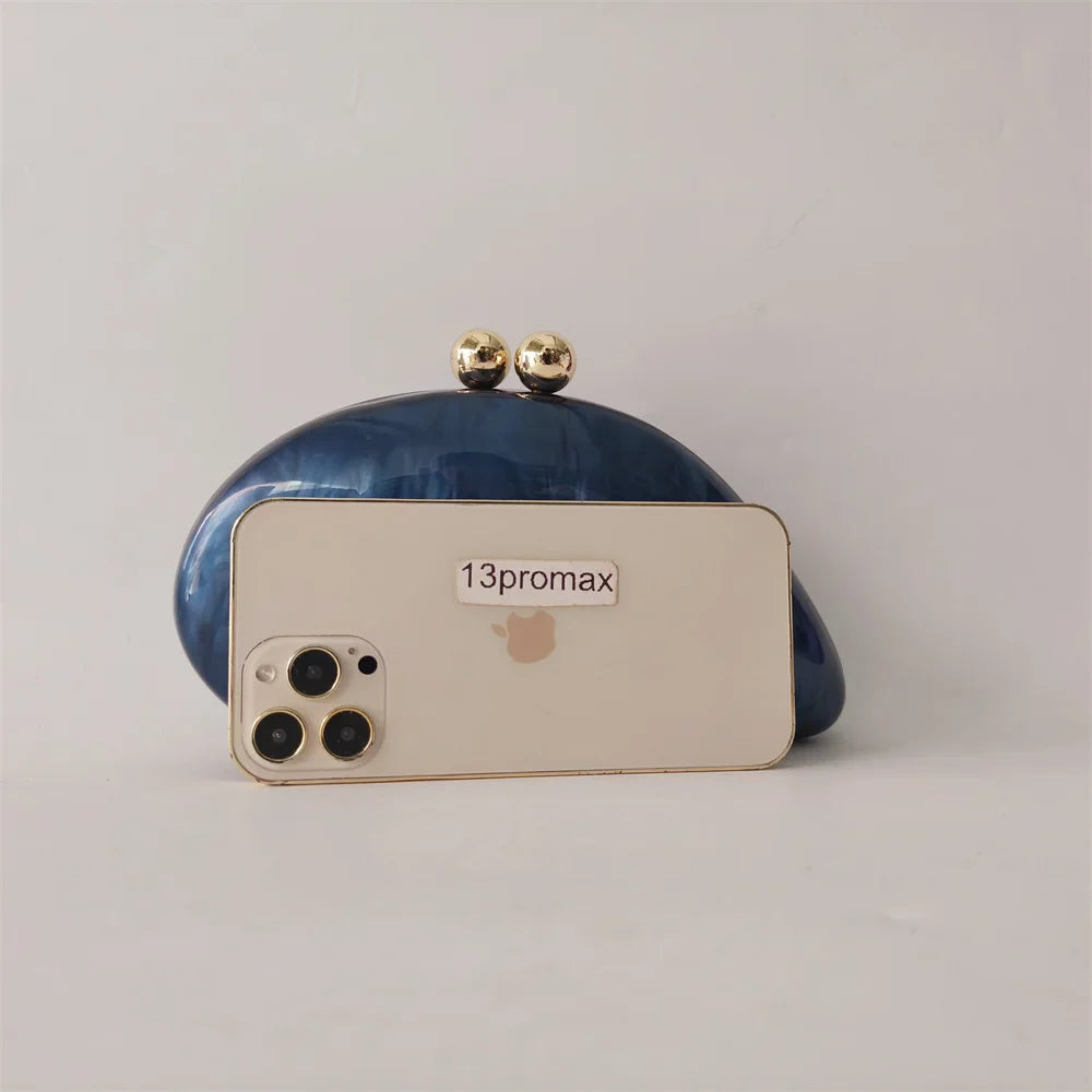 Pérola Azul Escuro Shell Acrílico Caixa Bolsa de Embreagem para Mulheres, Bolsa De Noite, Bolsa Crossbody, Cadeia De Ombro Bolsas, Festa De Casamento, Senhora