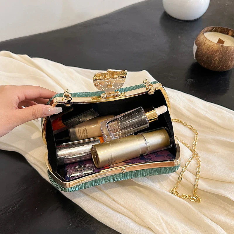 Saco de banquete de fivela de folha elegante, Bolsa portátil com corrente versátil, Vestido Cruz Diagonal, Novo, 2024