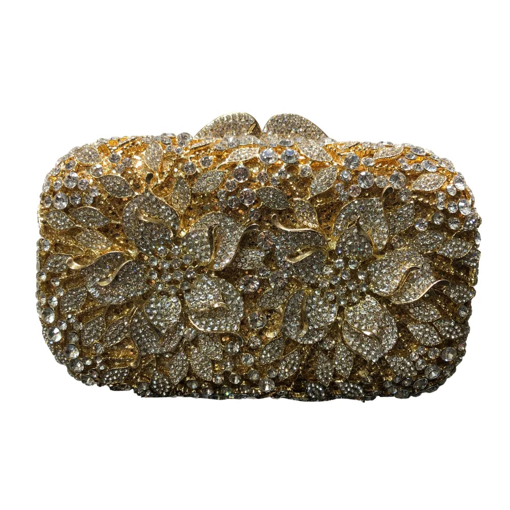 Fornecimento de fábrica glitter flor metal dourado elegante cristal bolsa embreagem strass festa casamento bolsa feminina bolsa de noite