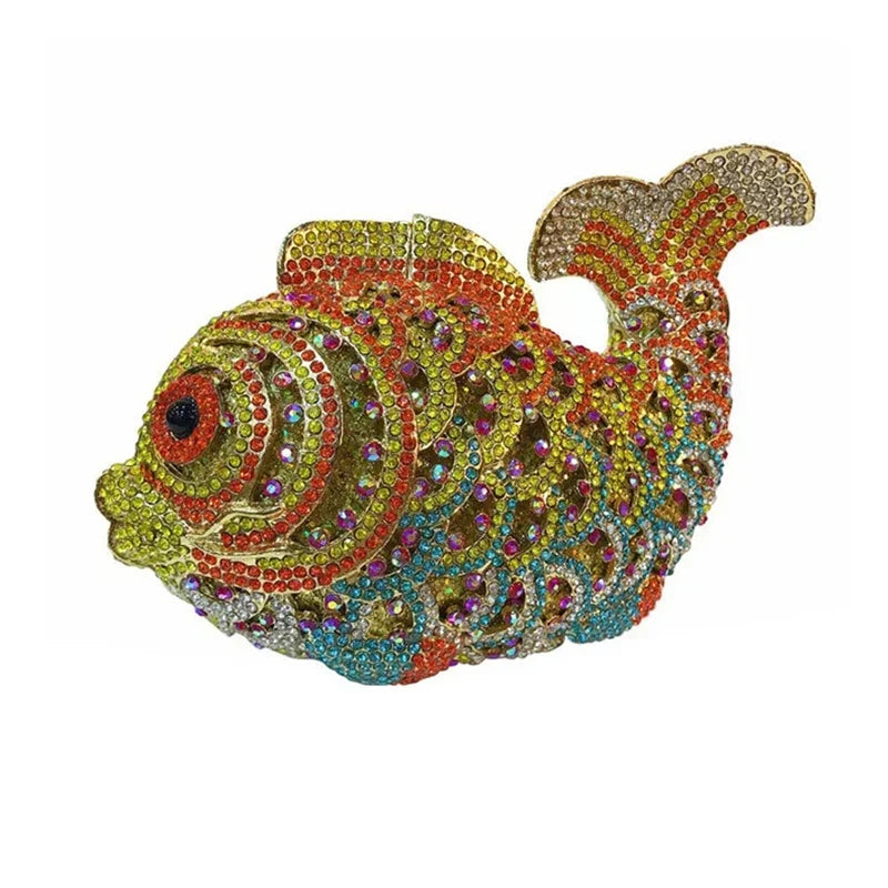 Bolsa de luxo para mulheres, forma de peixe, strass, metal diamante, metal, festa de casamento