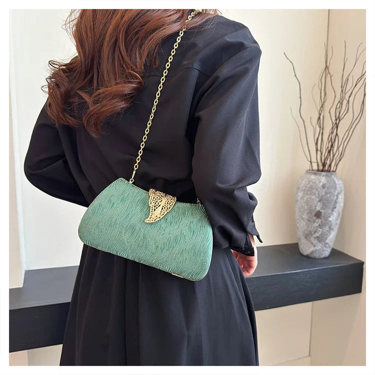 Saco de banquete de fivela de folha elegante, Bolsa portátil com corrente versátil, Vestido Cruz Diagonal, Novo, 2024
