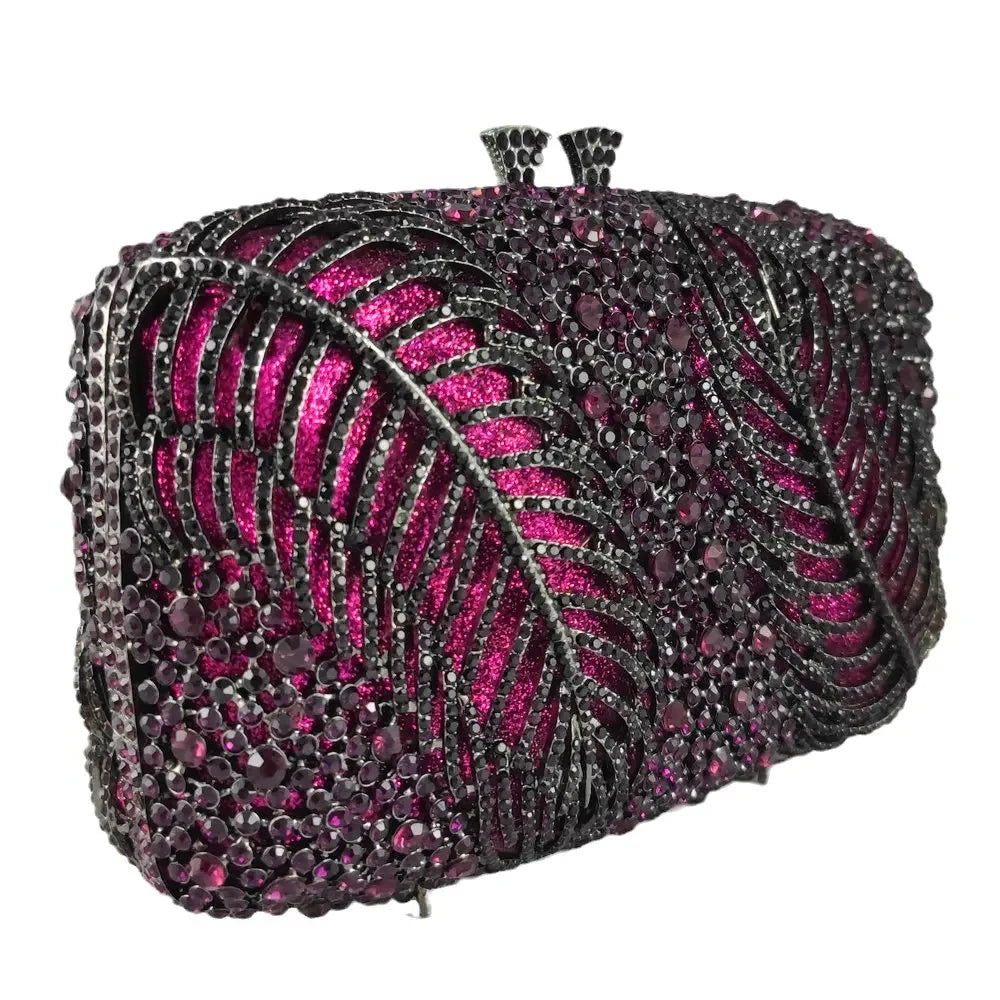 Boutique de fgg roxo cristal noite sacos embreagem feminino formal festa folha strass bolsas nupcial casamento minaudiere bolsa